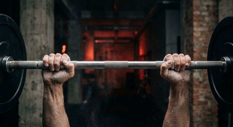 Two chalked hands taking an overhand grip on a loaded barbell, chalk dust drifting in a dim industrial gym