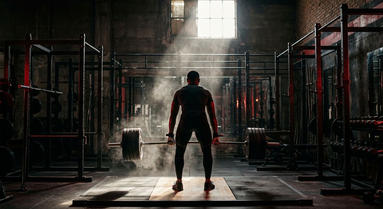 Athlete seen from behind setting up a heavy barbell deadlift on a platform in a dim industrial gym