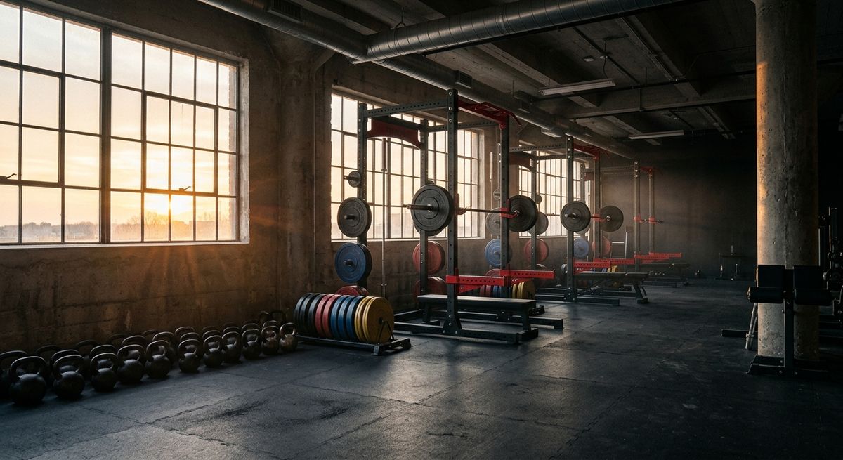 Empty gym floor at dawn with power racks, loaded barbells, and kettlebells lit by tall factory windows